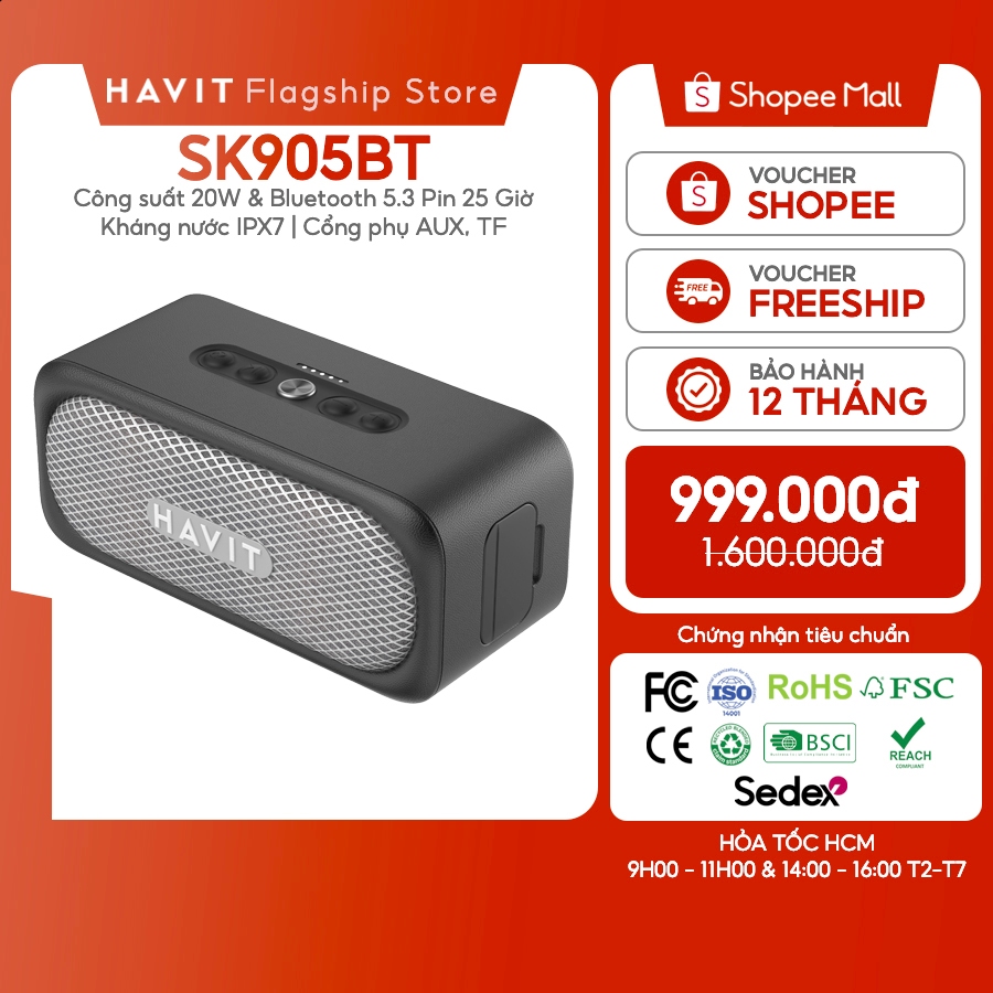 Loa Bluetooth Havit SK905BT Di Động IP67 20W Pin 25 Giờ Bluetooth 5.3 (Đen) | BigBuy360 - bigbuy360.vn