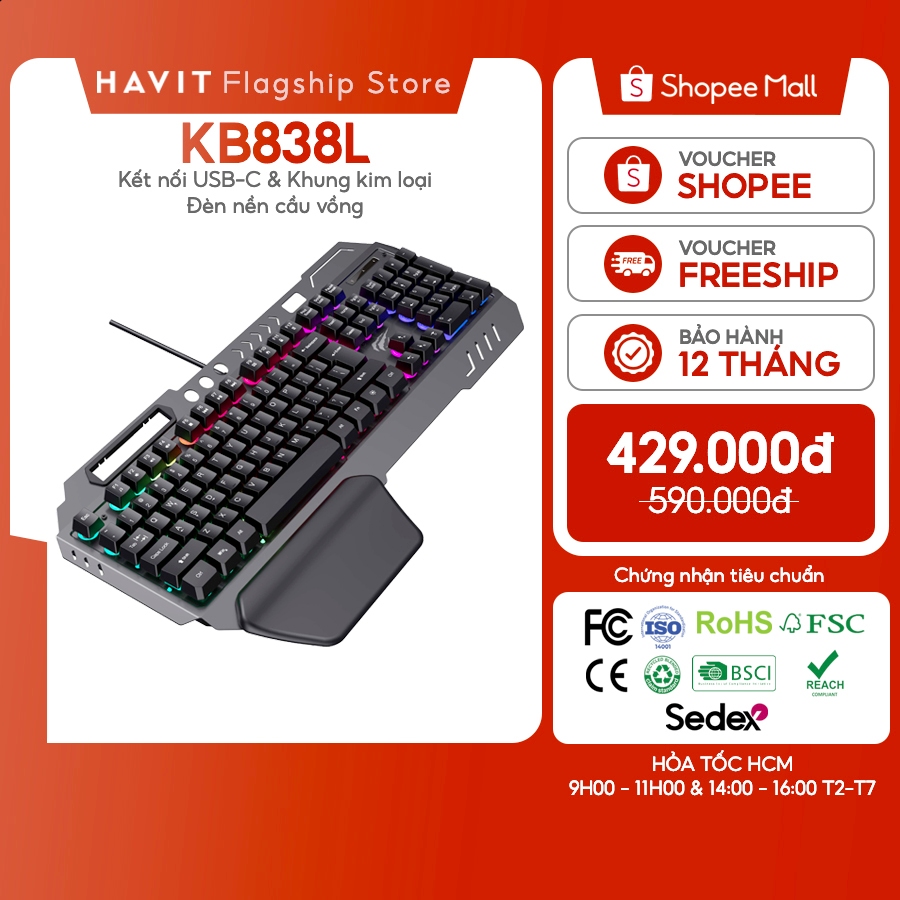 Bàn Phím Có Dây Havit KB838L Gamenote Khung Kim Loại | Đèn Nền 7 Màu | BigBuy360 - bigbuy360.vn