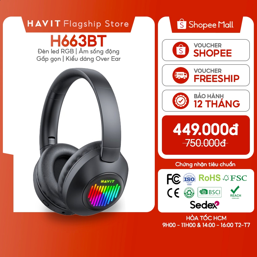 Tai nghe Bluetooth Headphone Havit H663BT Pin 26 tiếng | Kết Nối 2 Thiết Bị | Led RGB Bluetooth 5.3 | BigBuy360 - bigbuy360.vn