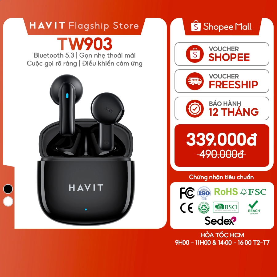  Tai Nghe Không Dây Havit TW903 Call HD Semi-Inear Bluetooth 5.3 - Hàng Chính Hãng 