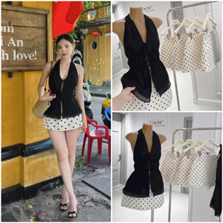   Chuẩn ảnh  Set áo yếm đen cột dây hở lưng phối chân váy A chấm bi hottrend - SEP Studio 