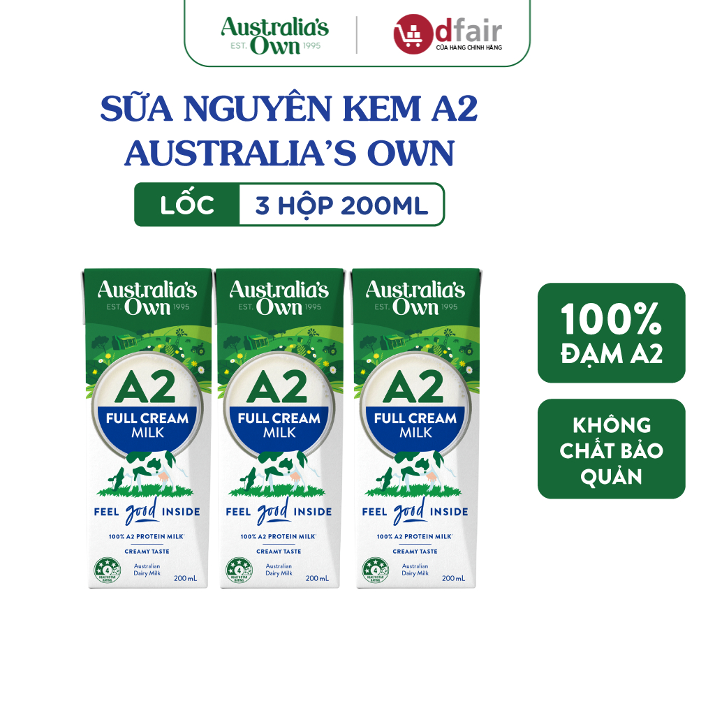 Lốc 3 hộp sữa tươi tiệt trùng Australia's Own A2 200ml