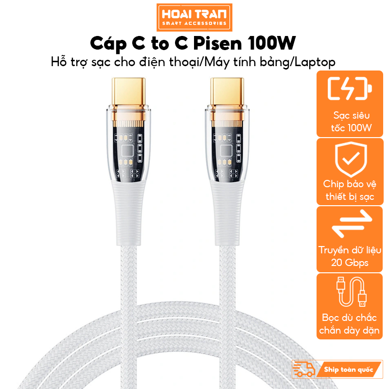 Cáp Sạc Nhanh Pisen 100W Type-C to Type-C Bọc Dù Siêu Bền - Hỗ Trợ Sạc Laptop & Điện Thoại