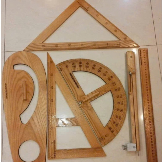 Thước gỗ, khay gỗ, eke, compa, parabol, đo độ dạy học
