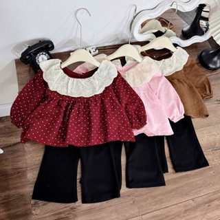 Set áo bi babydoll cổ ren quần loe nhẹ bé gái