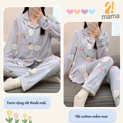 Bộ Pyjama Bầu Cotton Gấu Trắng nền xanh_Đồ Bầu Sau Sinh Mở 2 Bên Cho Con Bú Và Quần Chun Chỉnh Bụng, Dài Tay 2mama