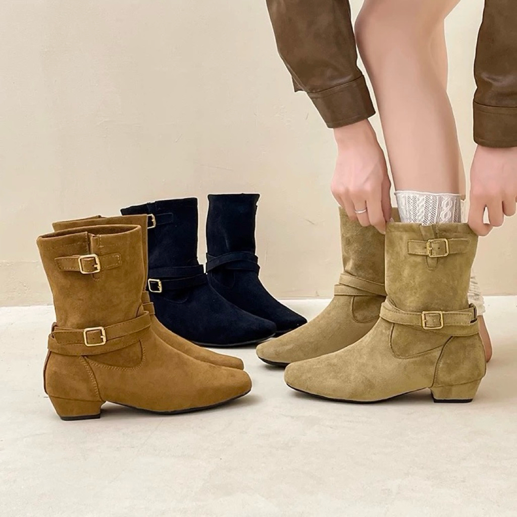 Boots cao bồi da lộn cho nữ cổ ngắn đế cao 3cm khoá cài