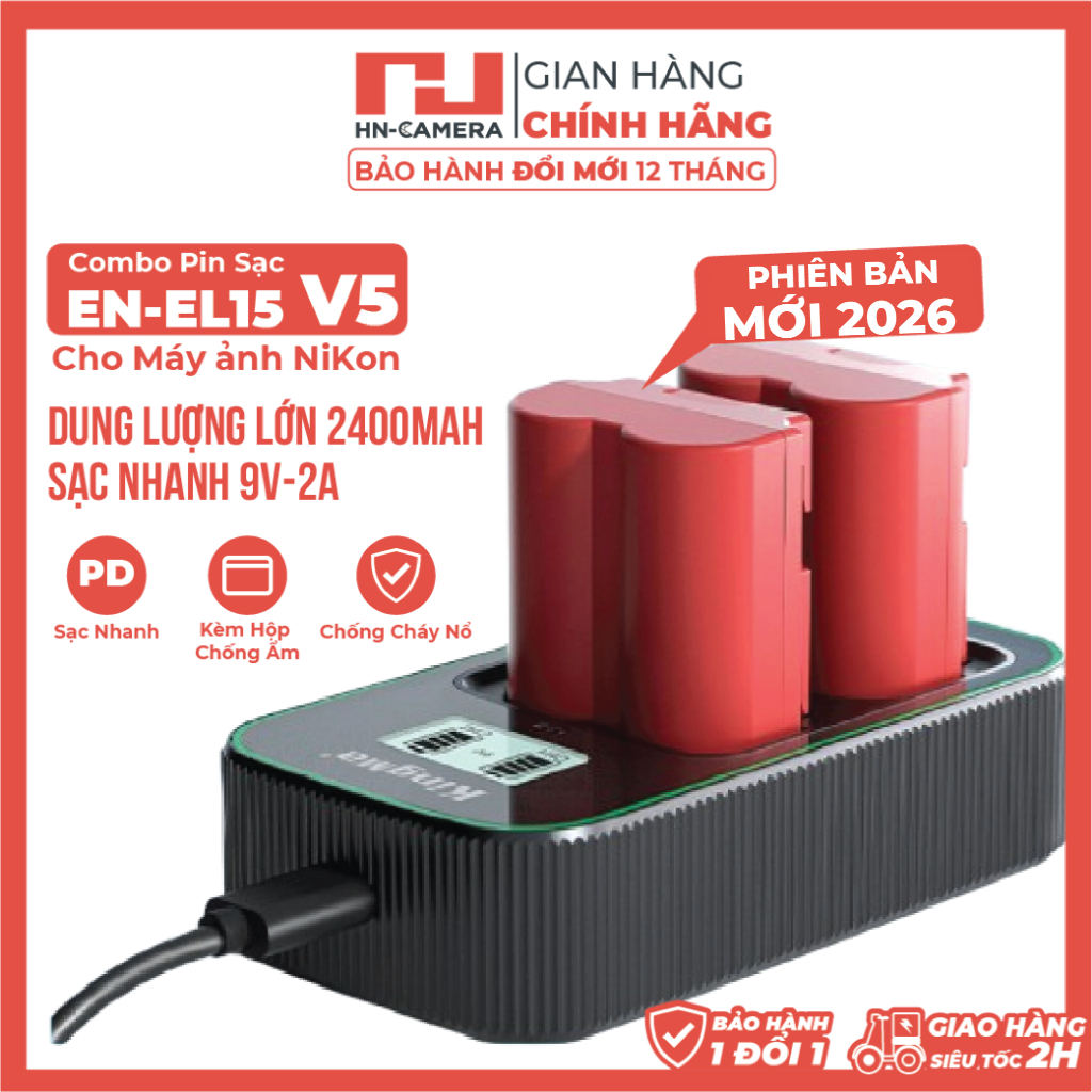 Bộ Sạc đôi và Pin KingMa EN EL15C V5 2400 cho Máy ảnh NiKon (Bản mới 2026)