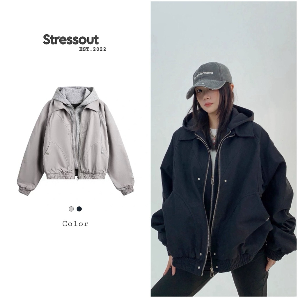 (có ảnh thật )Áo Khoác Bomber Phối Hoodie Unisex Form Rộng-Stressout