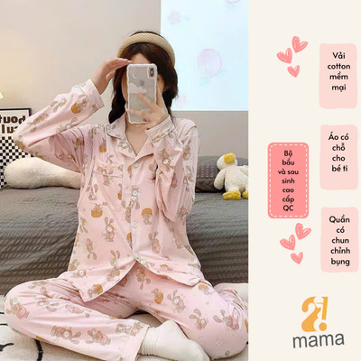Bộ Pyjama Bầu Mặc Nhà Cotton Thỏ Hồng Nền Hồng Đồ Bầu Sau Sinh Mở 2 Bên Cho Con Bú Và Quần Chun Chỉnh Bụng,Dài Tay 2mama