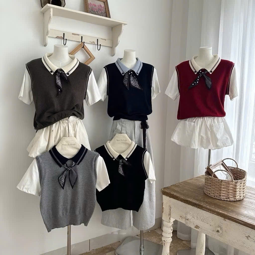 Áo Len Gile Nữ Cổ Sơ Mi Phối Caravat Dáng Học Sinh