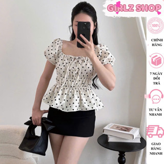  Áo Babydoll Cổ Vuông Nữ Cổ Vuông Tay Phồng Họa Tiết Chấm Bi GirlZ Shop Áo Kiểu Peplum Nữ Nhún Thân Mặc Được Nhiều Kiểu 