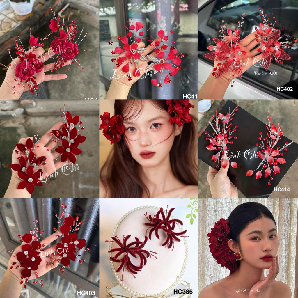  Hoa cài tóc cô dâu màu đỏ phụ kiện cài tóc cô dâu ngày cưới 