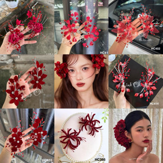 Hoa cài tóc cô dâu màu đỏ, phụ kiện cài tóc cô dâu ngày cưới