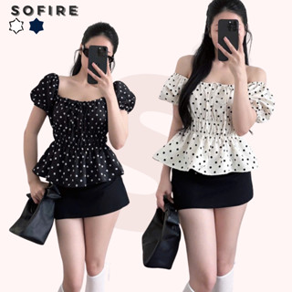  Áo Babydoll Nữ Tay Phồng Cổ Vuông Thân Nhún Họa Tiết Chấm Bi Tiểu Thư Áo Kiểu Nữ Trễ Vai Mặc Được Nhiều Kiểu Sofire-Bi4 