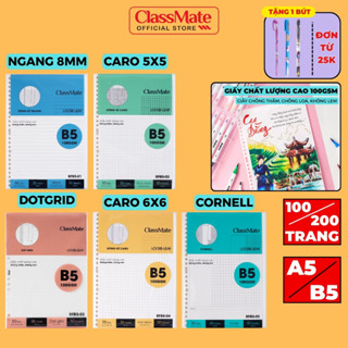   Nâng Cấp 2025  Set 50 100 Tờ Giấy Refill 100GSM Ruột Sổ Còng Giấy A5 B5 Kẻ Ngang Caro Chấm Cornell Classmate RFA5 B5 