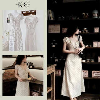  KIM | Đầm linen muối tiêu chấm bi cổ V xếp bèo tay con dáng midi nhẹ nhàng thướt tha cột nơ sau 