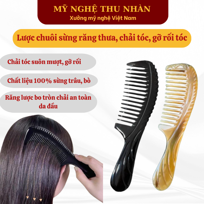 Lược sừng răng thưa chải tóc xoăn xù, gỡ dối, không tĩnh điện | Mỹ Nghệ Thu Nhàn