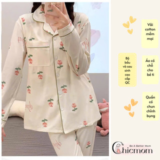  Bộ Pyjama Bầu Cotton Hoa Tuy Lip Nền Trắng Đồ Bầu Sau Sinh Mở 2 Bên Cho Con Bú Và Quần Chun Chỉnh Bụng Dài Tay Chicmom 