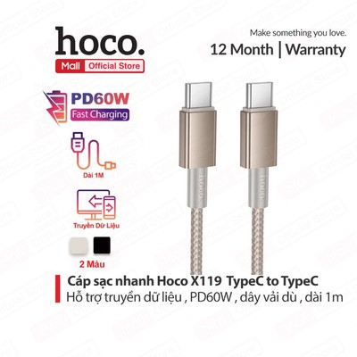 Cáp sạc nhanh Hoco X119 PD60W TypeC to TypeC hỗ trợ truyền dữ liệu dùng cho Android/15/16/17 dài 1M