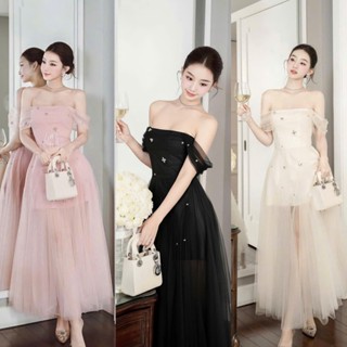  BIGSIZE HIẾU HIẾU  55-100KG  - Váy nữ thiết kế dự tiệc trễ vai phối voan đính đá dáng dài D527 