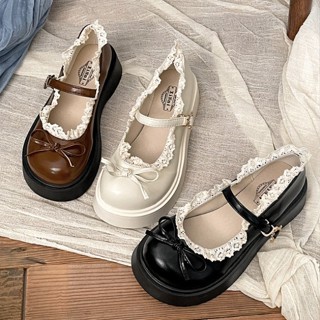   LÙI 1 SZ  Giày Búp Bê Đế PU cao 5cm Đính Nơ Phối Viền Ren Tiểu Thư Phong Cách Hàn Quốc Mã H159 