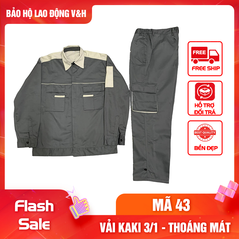 Quần áo bảo hộ lao động mã 43 vải kaki 3/1 phối màu dày dặn, bền bỉ, thoáng mát khi sử dụng