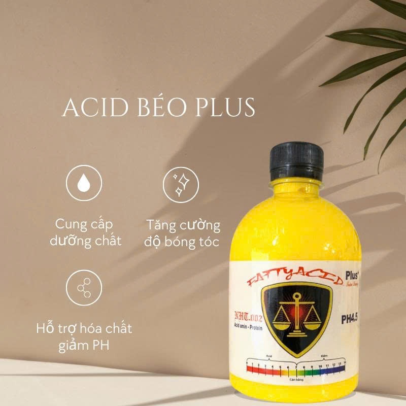 Acid béo plus hỗ trợ nhuộm, uốn, duỗi ép, cân bằng Ph, tăng cường độ bóng cho tóc