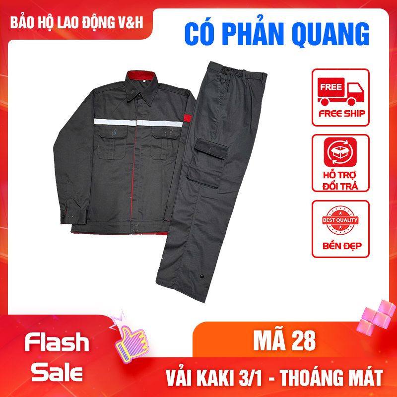 Quần áo bảo hộ lao động mã 28 có phản quang, vải kaki 3/1 phối màu dày dặn, bền bỉ