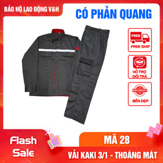 Quần áo bảo hộ lao động mã 28 có phản quang, vải kaki 3/1 phối màu dày dặn, bền bỉ