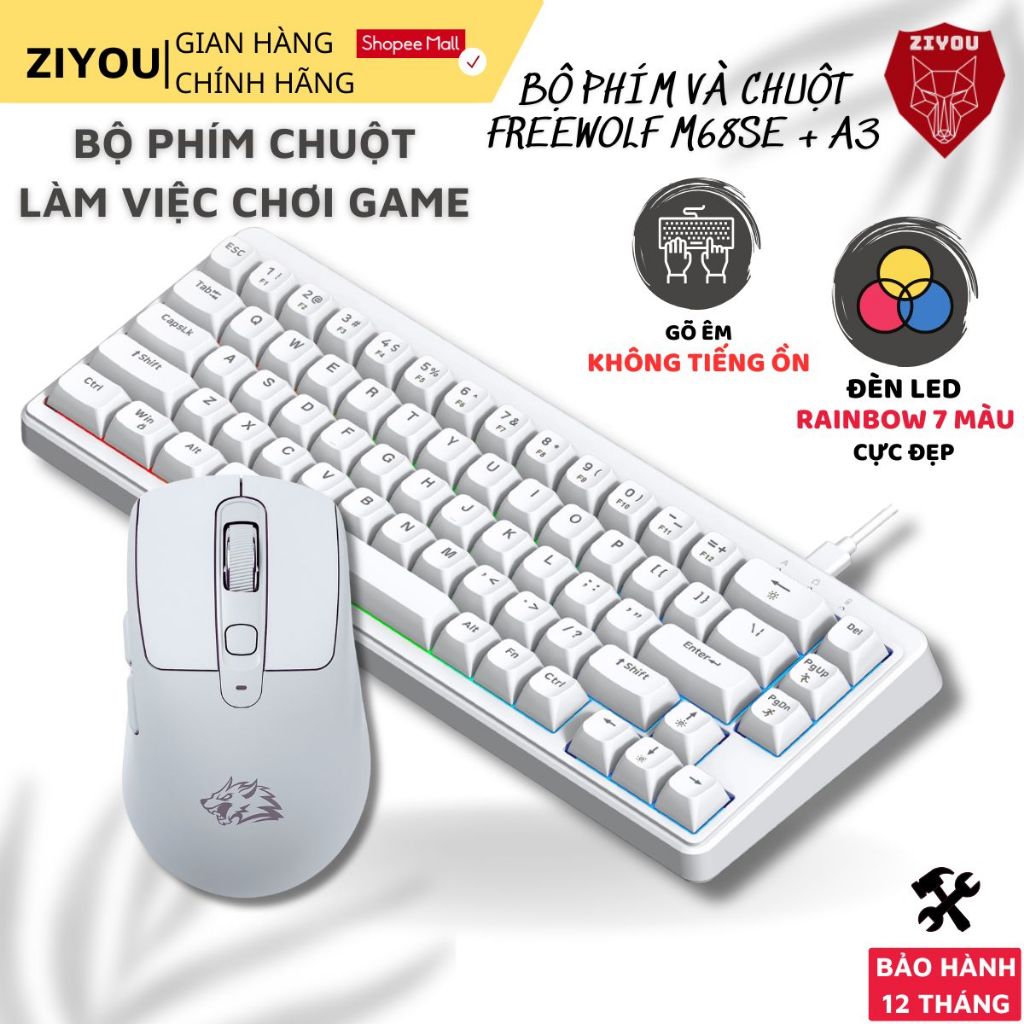 Combo Bàn Phím Chuột Ziyou Free Wolf M68SE + Chuột Silent A3 Layout 68% Mini, LED Rainbow, Gõ Êm