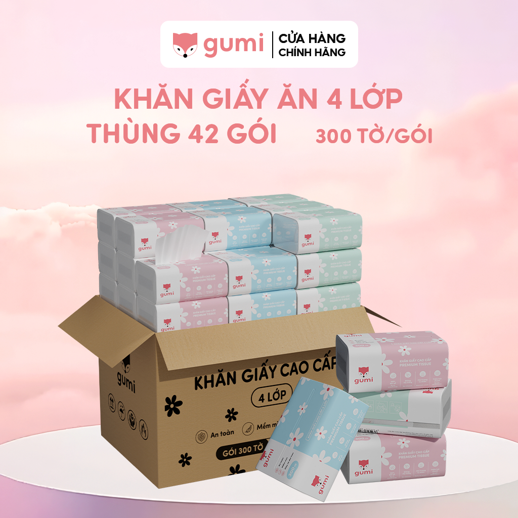 Thùng 42 gói giấy ăn cao cấp Gumi 3 lớp mềm mịn, tiện lợi