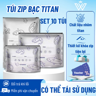  Set 10 Túi zip bạc đựng thực phẩm tươi sống chất liệu nhôm titan có khoá tiện lợi tái sử dụng 