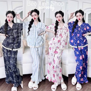  Đồ Bộ - Đồ Ngủ Tay Ngắn Quần Dài Vải Lụa Nhật Phối Ren Tiểu thư Pijama Bigsize 50-100kg Bộ Ngủ Áo Ngủ Quần Ngủ - A.5443 