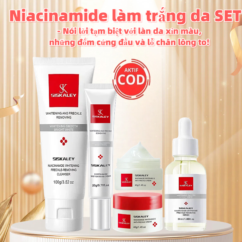 Bộ dưỡng trắng da SISKALEY:Sữa rửa mặt, nước hoa hồng, serum, kem dưỡng -giảm mụn mờ thâm