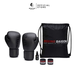 Combo Găng Tay Boxing Saigon Inspire 1.0 + Băng Quấn Tay 4m5 (tặng túi rút & xịt)  - Matte Black