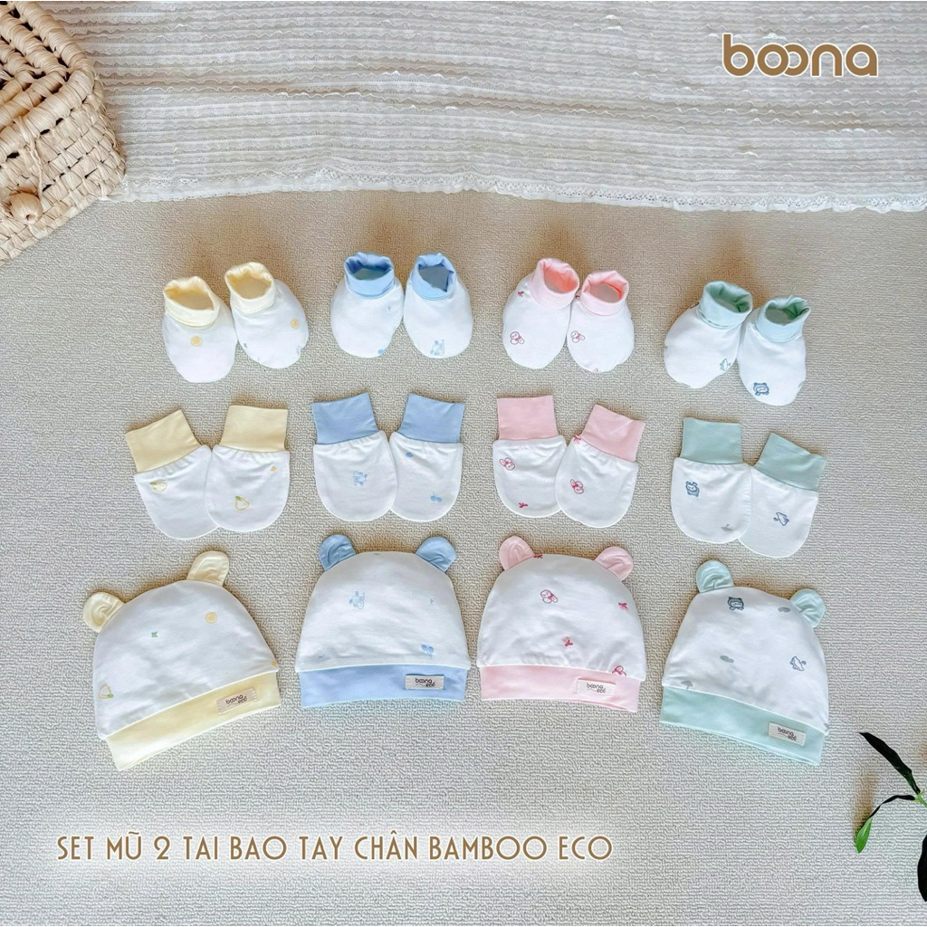 ( Sét 3Chi Tiết Eco) Bộ Mũ  Kèm Bao Tay Bao Chân Mẫu Hoạ Tiết   Boona ECO Chất Liệu Pettit  Mềm Mại, Thoáng Mát Cho Bé