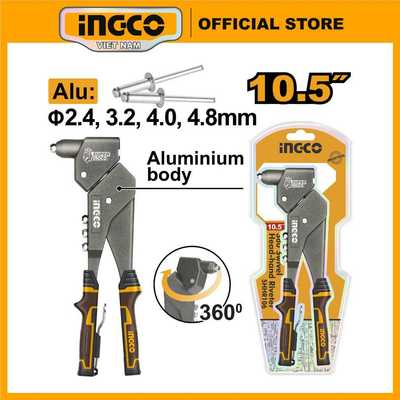 Kìm rút rive cao cấp khung nhôm INGCO SHHR106 10,5 inch đầu xoay 360° size 2.4mm, 3.2mm, 4mm, 4.8mm