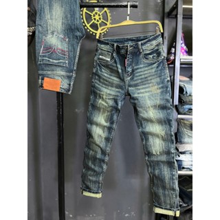   THREE COLLECTION   Quần Jean Nam Dài Màu Xanh Was Rêu Túi Mạng Chỉ Đỏ Chất DENIM JT651-J3969 