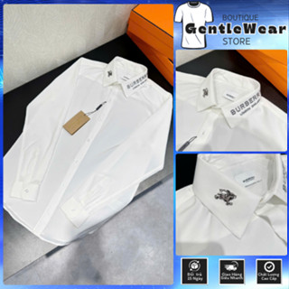 Áo sơ mi trắng nam dài tay BBR vải lụa nến thêu chữ kí ngực phối check ống tay viền cổ sọc kẻ be bản đẹp