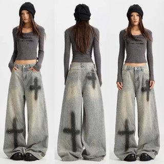 HJ5831(S-XXL) Quần jean nữ suông bụi vẩy sơn li ti kèm vệt sơn hoạ tiết chữ thập mới ống rộng lưng cao