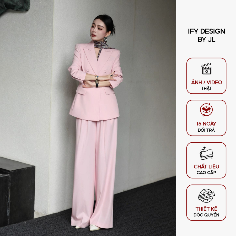 Set vest cao cấp IFY Design thiết kế Áo vest hồng pastel phối quần ống đứng - SL0472