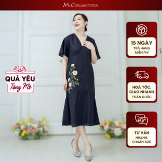 M COLLECTION | Váy Đầm Nữ Trung Niên Tặng Mẹ, Bà Suông Maxi Đuôi Cá Cổ Tim Thêu Hoa Vải Linen D10617