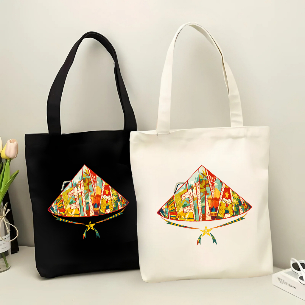 Túi tote có khóa kéo nón lá Việt Nam đặc trưng túi vải canvas đeo vai đi chơi du lịch kích thước 35x40cm tota0239