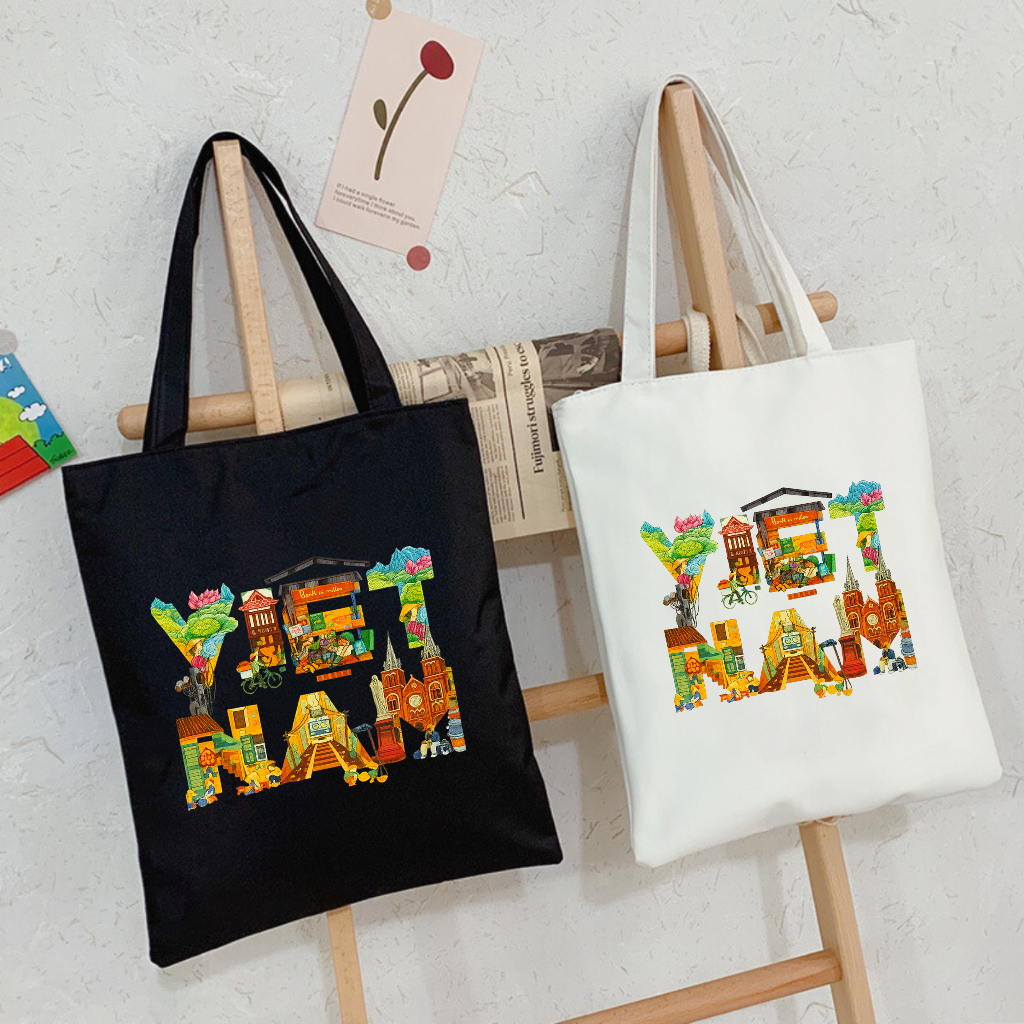 Túi tote có khóa kéo Chữ Việt Nam đặc trưng nước Việt Nam túi vải canvas đeo vai đi chơi kích thước 35x40cm tota0236