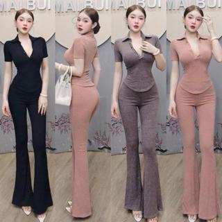  S331 - Set Áo Cổ Trụ Nút Cài Quần Loe   QUẦN DÀI 105CM  