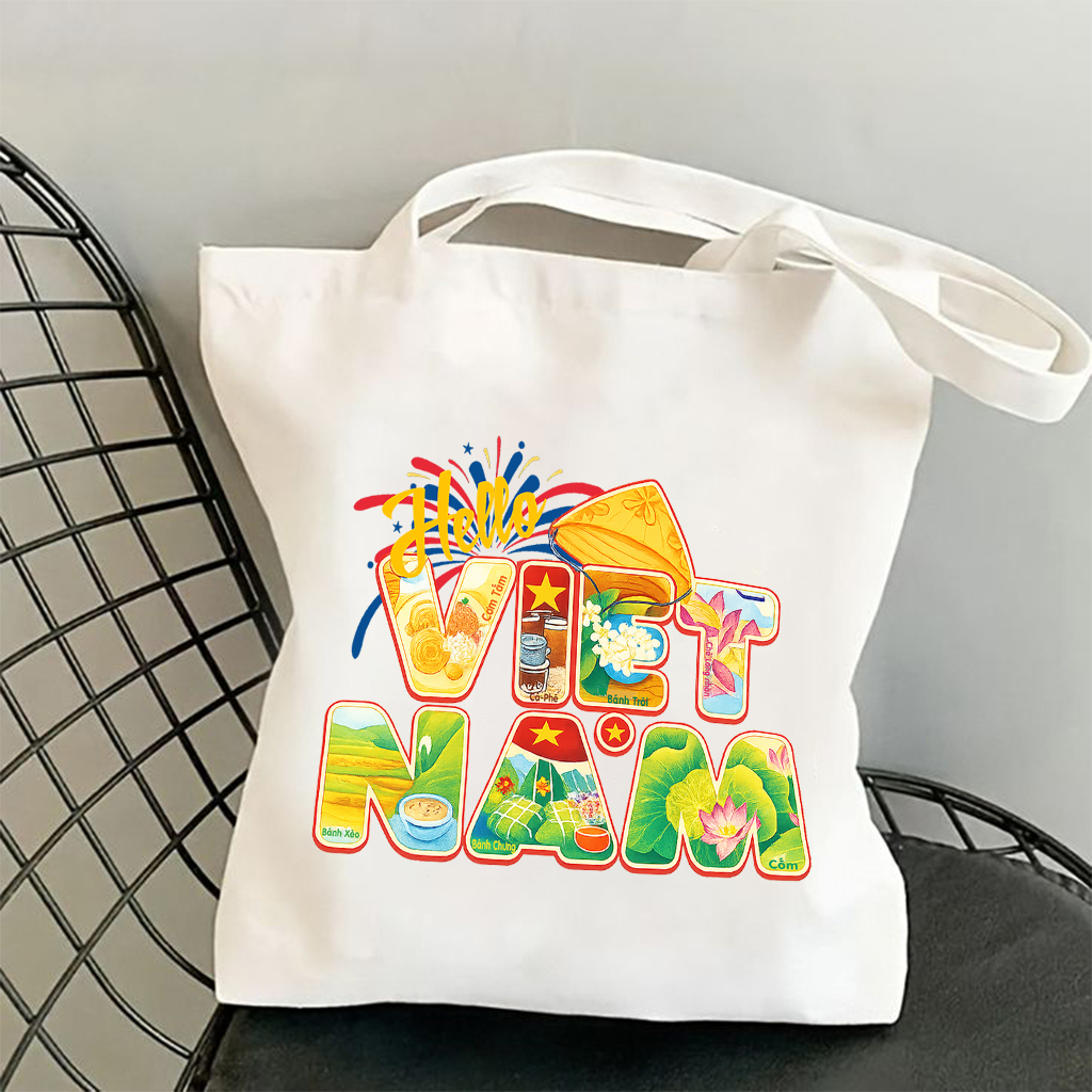 Túi tote có khóa kéo HELLO VIỆT NAM - túi Việt Nam siêu xinh vải canvas đeo vai đi chơi kích thước 35x40cm tota0237