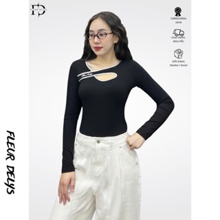  Áo Thun Dài Tay Nữ Fleurdelys Màu Đen Cut-out Thêu Trên Ngực DLAC274 