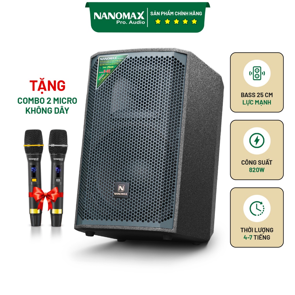 Loa Kéo Công Suất Lớn Nanomax S-02 Bass 25cm 820w Karaoke Bluetooth