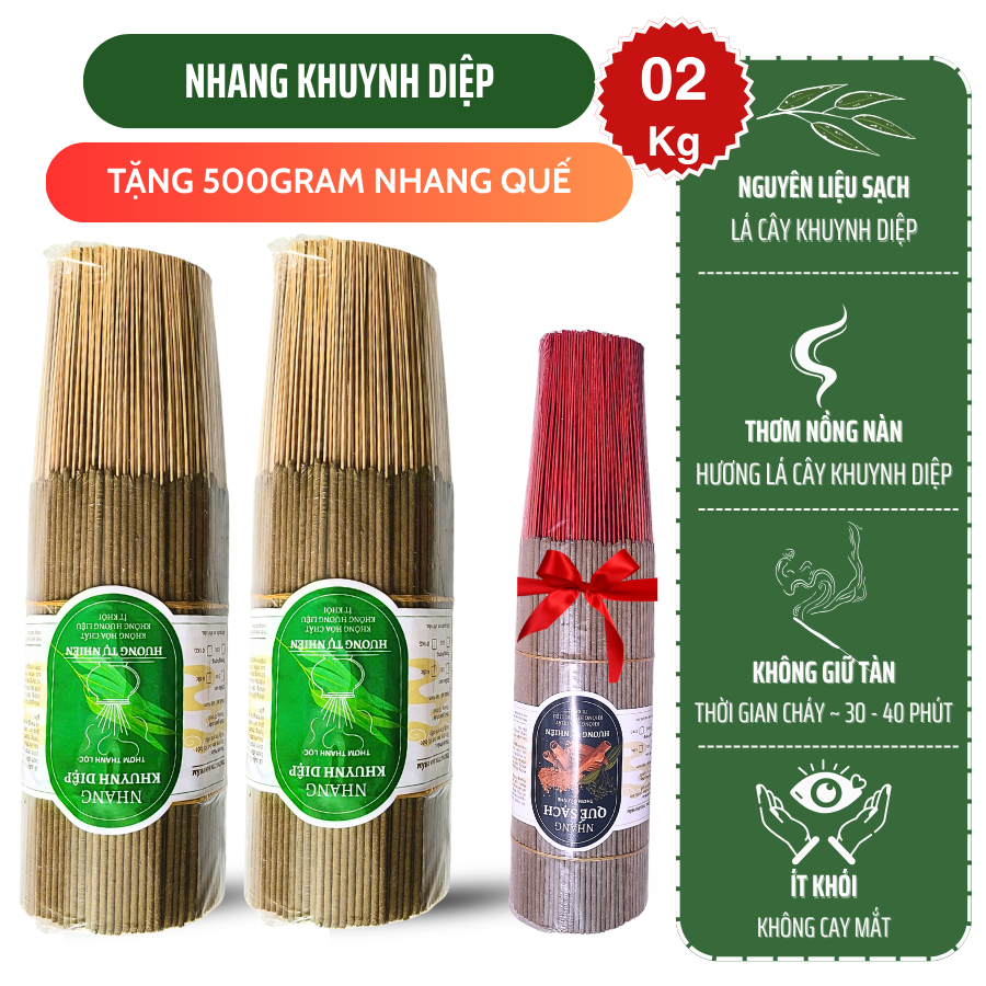 Combo 02 Kg Nhang Khuynh Diệp thơm nồng nàn lá cây khuynh diệp - Tặng 500 gram nhang Quế thơm nhẹ